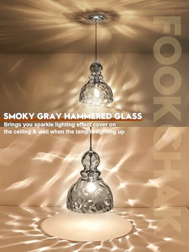 Hammered Glass Pendant Light Smoked Grey Kitchen Island Lights 10in Large Chrome Pendant Hanging Light for Dining Room Kitchen Sink Hallway Entrance