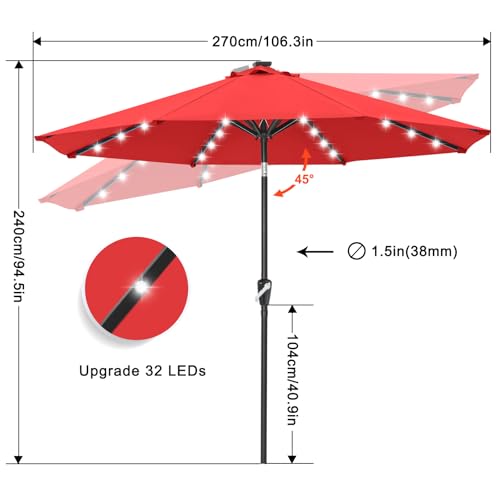 Solar Led Patio Umbrella with 32 Lights 9FT