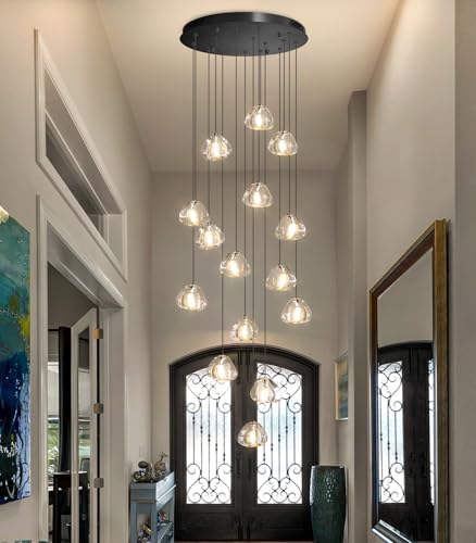 LED Glam Chandelier 118 inches Long Light Luxury Crystal Ceiling Chandeliers Remote Dimmable High Ceiling Pendants Lighting Fixtures Black 15 Lights