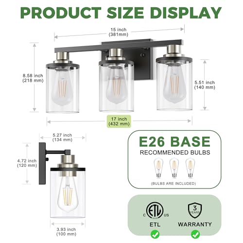 17 Inch 3 Light Black Nickel Bathroom Vanity Light