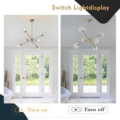 6 Lights Mid Century Modern Clear Glass Globe Sputnik Chandelier Brushed Gold Sputnik Light Fixture Vintage Large Brass Pendant Lights Kitchen Island Farmhouse Living Dining Room Ball Chandelier