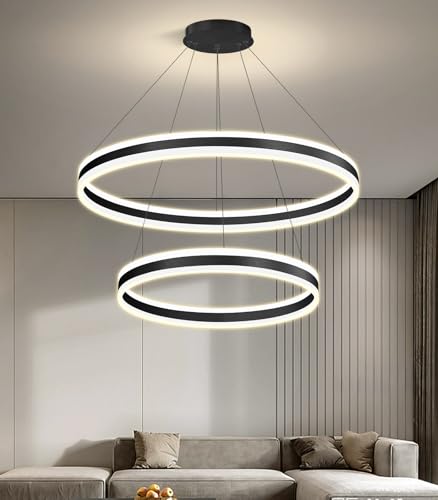 D23.6''+31.5'' Modern Ring Chandelier for Dining Room LED Dimmable Pendant Lighting High Ceiling Chandelier for Living Room Foyer Bedroom Entryway 3000K