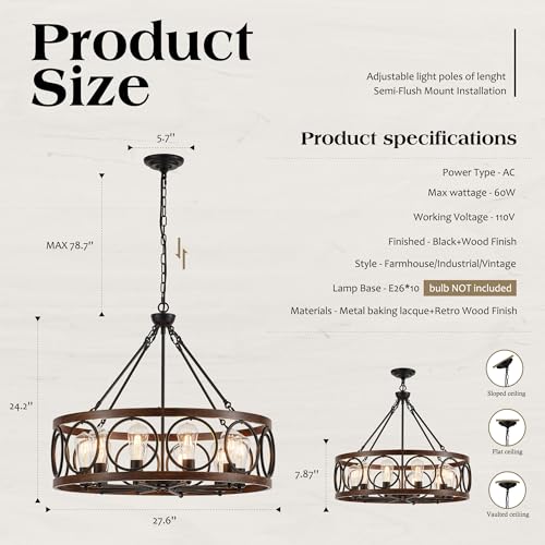10 Light Farmhouse Drum Wood Pendant Light