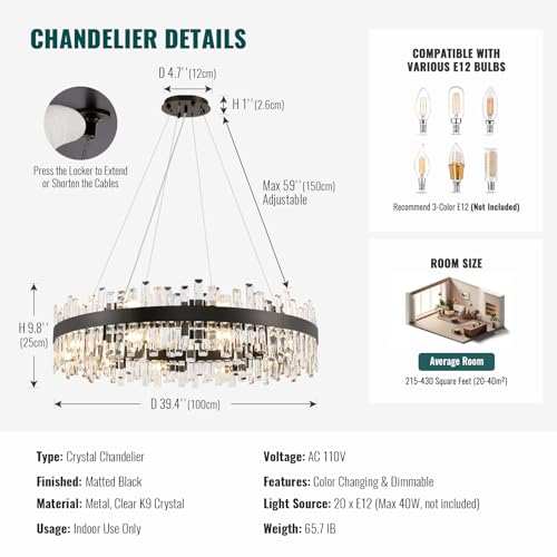 Modern Crystal Chandelier Farmhouse Black Round 2