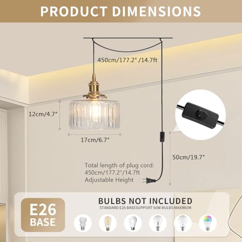 Plug in Pendant Light Clear Glass Striped Pendant Light Fixtures Vintage Glass Hanging Lighting 1