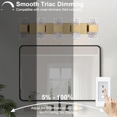 5 Lights Brass Crystal Vanity Light Bar LED Bathroom Lights 30.3 in