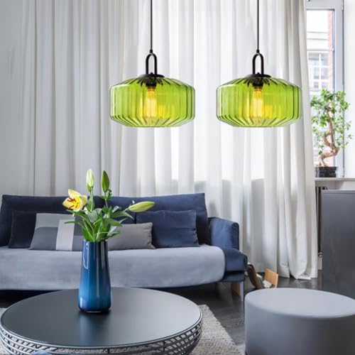 Green Glass Pendant Light Fixture Large Hand Blown Globe Shade