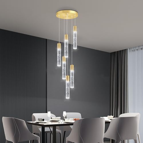 6 Lights Modern Crystal Chandeliers for Dining Room Kitchen Island Crystal Pendants Light Fixture High Ceiling Hanging for Entryway Bedroom Foyer 6000K