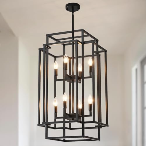 32" H 8 Light Lantern Pendant Light Black Chandeliers for High Ceilings