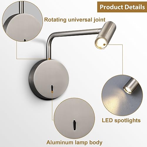 Wall Mounted Reading Light Swing Arm Bedside Lamps for Bedroom Hardwired Sconces with Switch LED Mounted for Home Decor Wall Lighting Fixtures Indoor