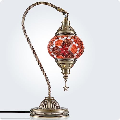 Turkish Moroccan Lamp with Bronze Base 3 Color Options Handmade Swan Neck Mosaic Glass Bedside Lamps for Bedroom