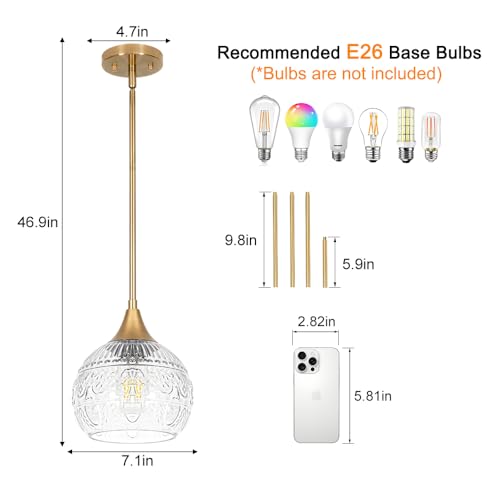 DSMJFU Gold Vintage Glass Pendant Lights for Kitchen Island (2 Count)