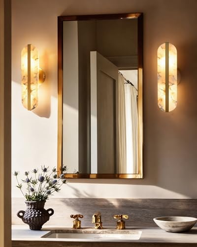15.7" Natural Alabaster Wall Sconces Marble Wall Sconces Gold Bathroom Vanity Wall Light Fixtures Modern Oval Stone Wall Lamp for Bedroom Living Room Hallway Restaurant Stairs