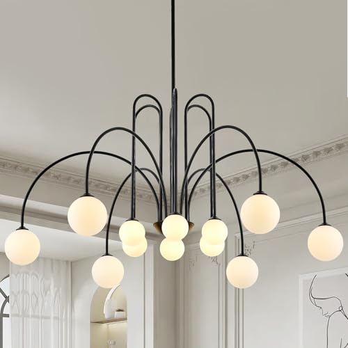 12 Light Large Black Sputnik Chandelier L52’’ Large Mid Century Pendant Light Fixture with Milk Glass Globe Shades Luxury Foyer Chandelier for High Ceiling Staircase Living Room Dining Room