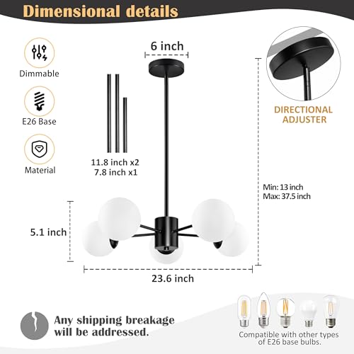5 Light Globe Sputnik Chandelier Mid Century Sputnik Chandeliers Modern Black Globe Pendant Light Matte Black Finished with White Frosted Glass Lampshade for Dining Room Bedroom Kitchen