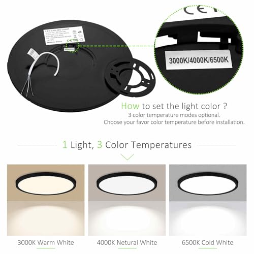 LED Flush Mount Ceiling Light 12in Thin 3CCT Black Wired