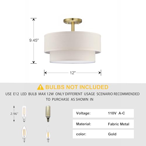 3 Light 12" Cream Fabric Gold Semi Flush Mount Close to Ceiling Light Fixture