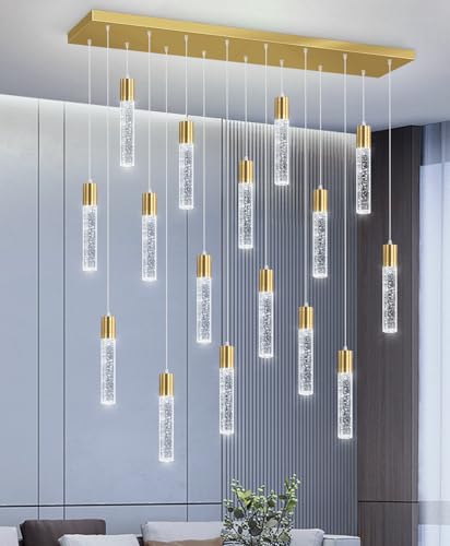 16 Lights Modern Crystal Rectangular Chandeliers LED Pendant Light for Kitchen Island High Ceiling Chandelier for Dining Room Entrance Foyer Living Room Gold