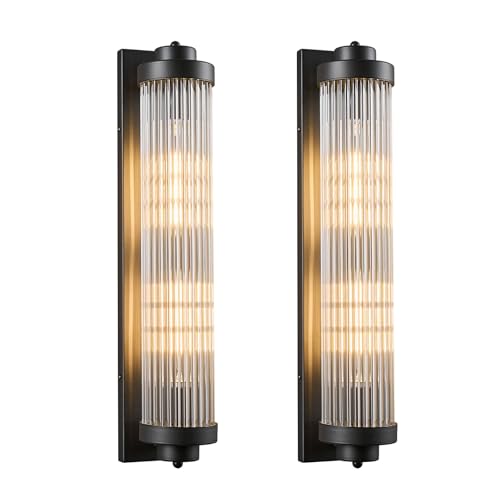 Black Wall Sconces Set of Two with Crystal Glass Strip Bathroom Sconces 2 Light E12 Base Modern Wall Lights for Bedroom Living Room Hallway Wall Light Fixtures