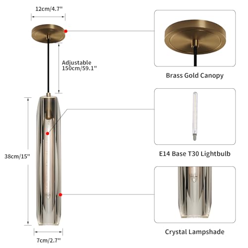 Lighting Smokey Crystal Pendant Light Antique Brass Gold Hanging Light Fixture Mid Century Modern Long Tube Pendant Light for Kitchen Island Dining Room Bedroom