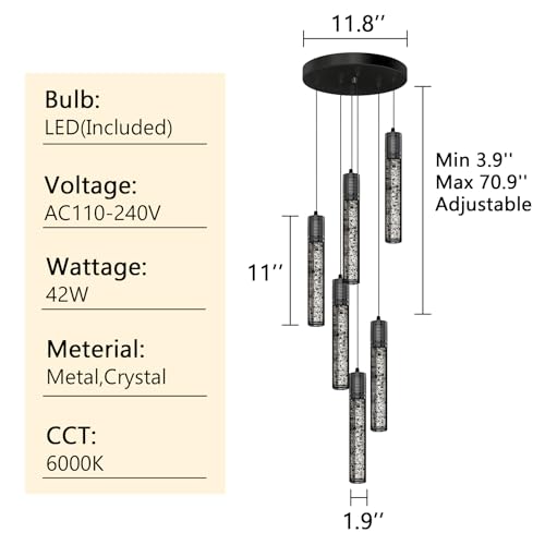 Modern Pendants Light for Kitchen Island Crystal Mini Chandeliers Dining Room LED Pendant Lighting Fixture High Ceiling Hanging Lights Bedroom Island Kitchen Foyer 6000K White Light Fixtures Black