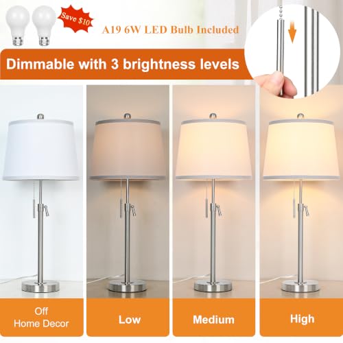 Brushed Nickel Modern Table Lamps Set of 2 Adjustable Height 22" to 30" Silver Nightstand with White Linen Shade 3 Brightness Way Pull Chain Switch Bedside Lamps for Living Room Office (2 Count)