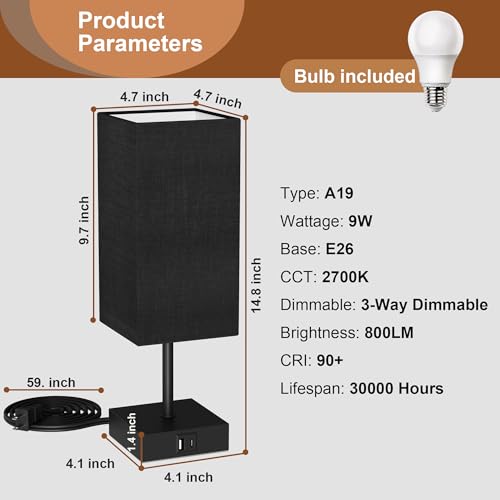 Bedside Table Lamp for Bedroom with 2 USB Ports