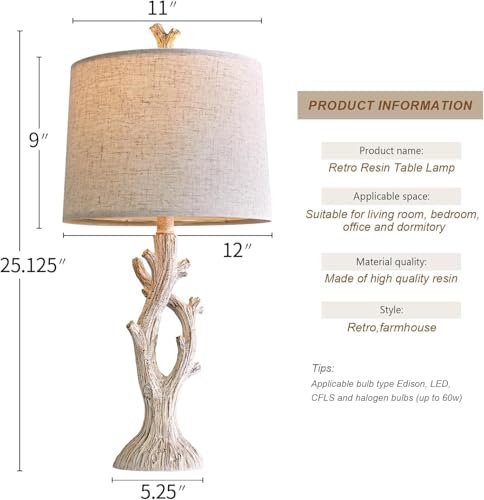 Farmhouse Table Lamps Set of 2 for Living Room Bedroom Bedside Tree Lamp Nightstand End Table 25" Lamps Vintage Natural Style (2 Count)