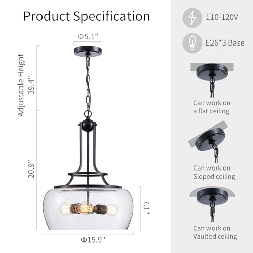Chandelier Rustic Farmhouse Industrial Round Ceiling Pendant LED Light Fixture Clear Seeded Glass Shade for Dining Room Kitchen Island Foyer Entryway