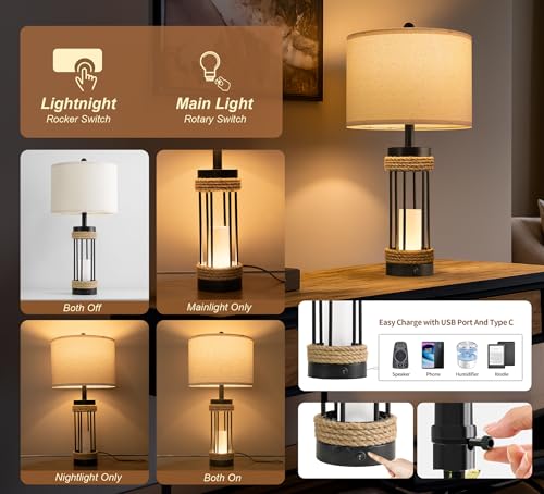 25" Table Lamps Set of 2 with Night Light (2 Count)