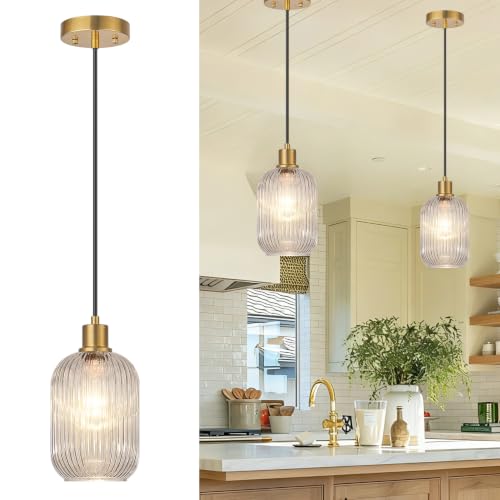 2 Pack Pendant Lights with Vintage Clear Ribbed Glass Lampshade (2 Count)
