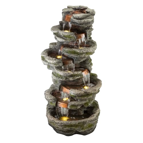 WIN1146 Outdoor Floor Cascading 8 Tiered Rock Garden Water Fountain with LED Lights