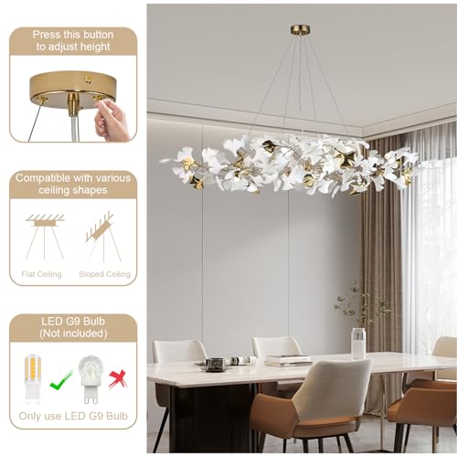 59 Inch White Rectangle Chandelier Gold Ceramic Ginkgo Leaf Chandeliers Brass Large Chandelier Modern Hanging Lights Fixture for Living Room Dining Room Kitchen Island