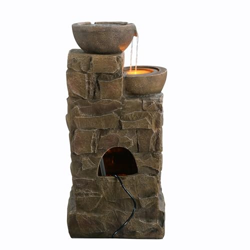 33.27" Cascading Bowls & Stacked Stones LED Water Fountain for Outdoor Living Spaces