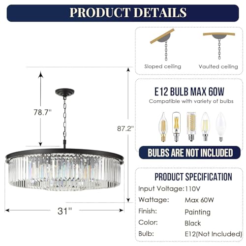 Large Crystal Chandelier Black Chandeliers Luxury Pendant Lights Fixture for Dining Living Room 12