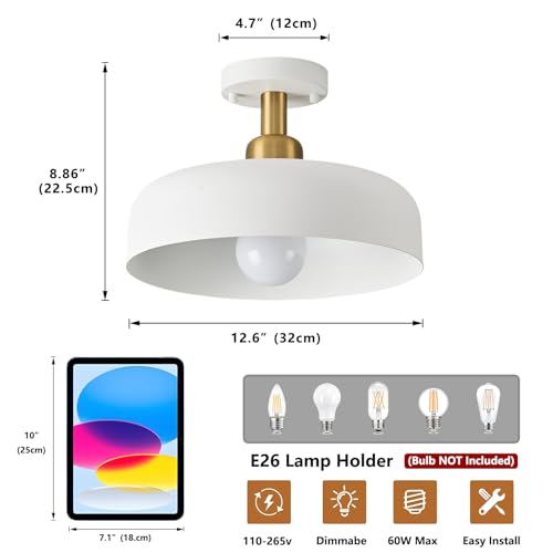 White and Gold Modern Semi Flush Mount Ceiling Light Fxiture 12.6 in