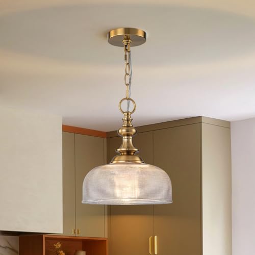EDSILIVE Vintage Glass Pendant Lights Kitchen Island 10" Bowl Clear Glid Glass Hanging Ceiling Light Fixture with Brass Gold Finish for Dining Room Kitchen Table