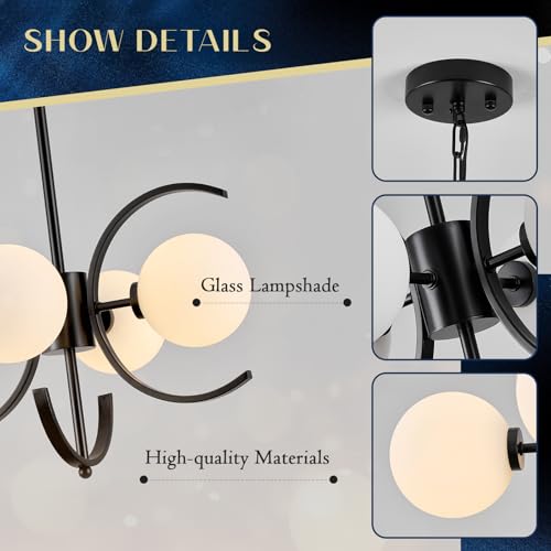 Black Sputnik Chandelier with Milk Glass Globe 4 Lights L16.5 Inch