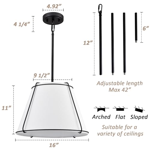 Modern 3 Light 16" Black Pendant Light White Linen Drum Adjustable