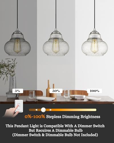 8 Inch Bubble Glass Pendant Light Industrial Kitchen Island Globe Hanging Pendant Light Fxiture Modern Hand Blown Seeded Glass for Farmhouse Dining Room Bar Bedroom Living Room Brushed Nickel
