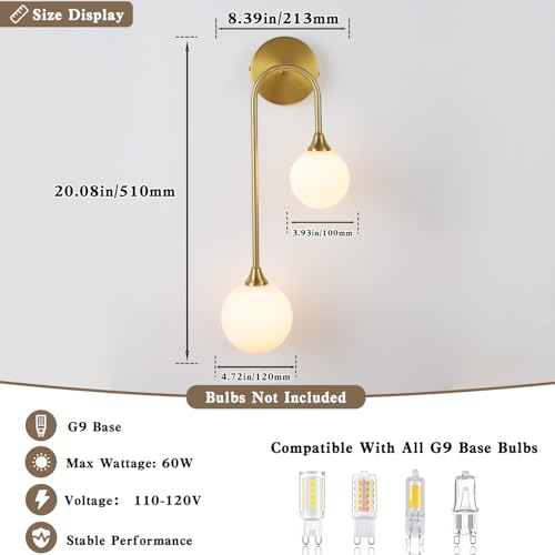 Mid Century Modern Wall Sconce Set of 2 Brushed Gold Milk Glass Sconces with Double Ball Hardwired Wall Light for Bedside Bedroom Bathroom Living Room Corridor G9 Base