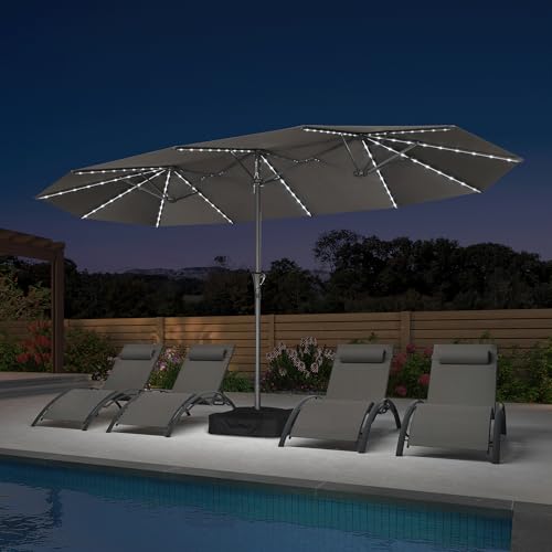 Patio Umbrella 14ft with Base and Solar Lights Outdoor