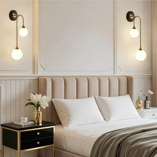 Mid Century Modern Wall Sconce Set of 2 Black and Gold Milk Glass Sconces with Double Ball Hardwired Wall Light for Bedside Bedroom Bathroom Living Room Corridor G9 Base
