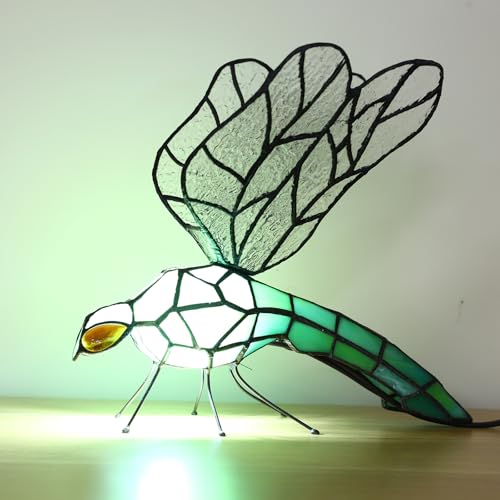 Tiffany Table Lamp Green Dragonfly Stained Glass Bedside Nightstand Night Light
