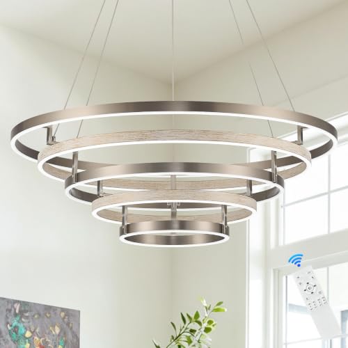 5 Ring LED Chandelier Modern Chandelier Weathered Wood Nickel Dimmable 31''