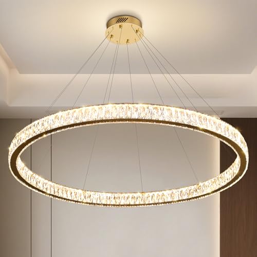 Modern Large Gold Ring Chandelier Dimmable LED 47.5in Adjustable Gold Crystal Ring Pendant Light Fixtures for Dining Room Living Room