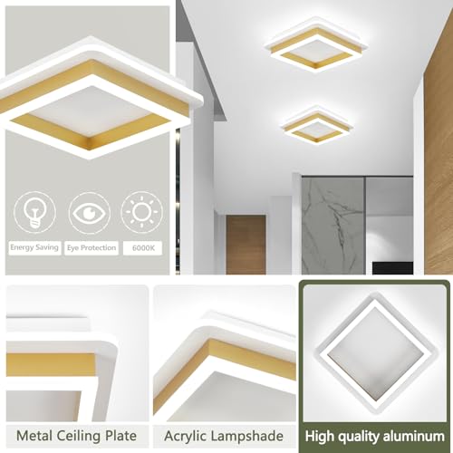 Square Flush Mount Ceiling Light 32W Modern Led Hallway Ceiling Light Fixtures Gold Close to Ceilings Lamp for Bedroom Bathroom Living Room Laundry Kitchen