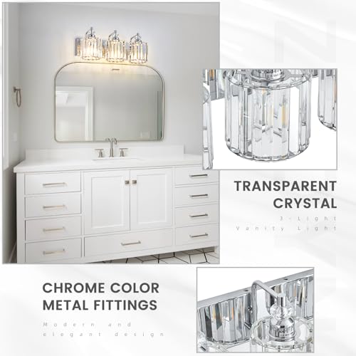 3 Light Modern Bathroom Light Fixture Chrome Bathroom Vanity Lights Over Mirror Wall Sconce Lighting with K9 Crystal Shades E26 Base for Bedroom