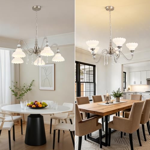 5 Light Chandelier in Brushed Nickel Finish with Flower (5-Light / Nickel and White)
