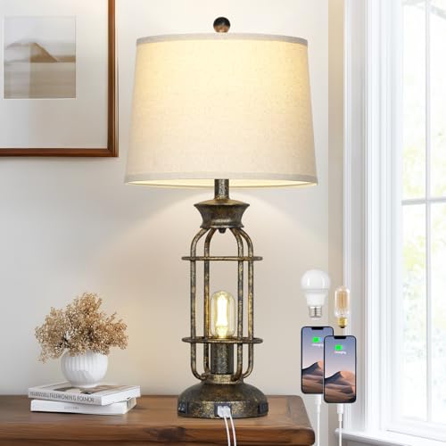 28" Tall Farmhouse Table Lamp with USB C+A Charging Ports & AC Outlet